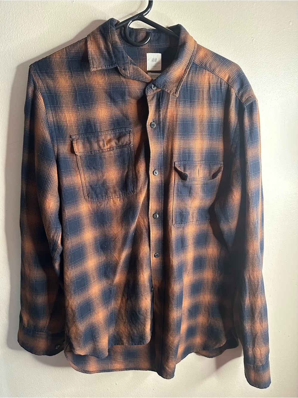 H&M Men's Navy and Tan Checked Button-Down Shirt